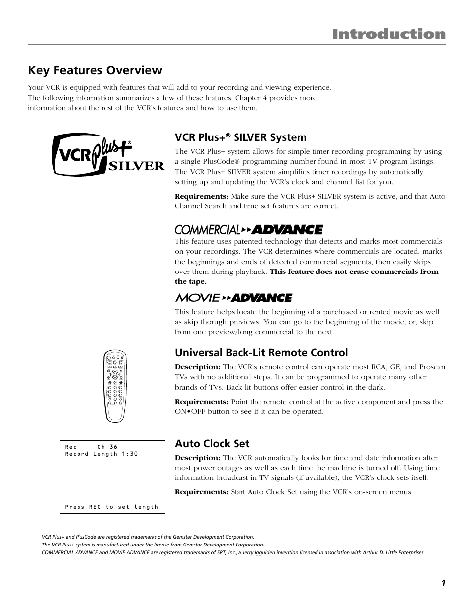 Introduction, Key features overview, Vcr plus | Silver system, Universal back-lit remote control, Auto clock set | RCA VR706HF User Manual | Page 3 / 64