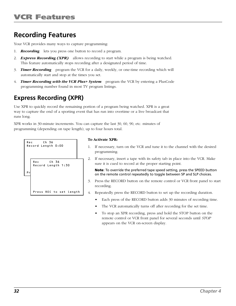 Recording features, Express recording (xpr), Vcr features | RCA VR706HF User Manual | Page 34 / 64