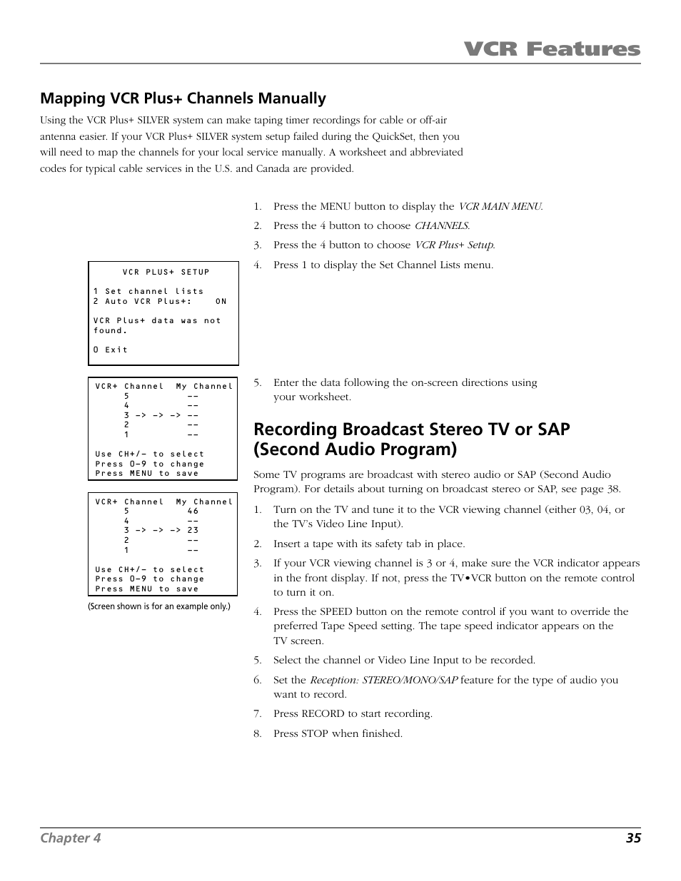 Mapping vcr plus+ channels manually, Broadcast stereo tv recording, Reception: stereo/mono/sap feature | Broadcast stereo tv, Vcr indicator, Vcr features | RCA VR706HF User Manual | Page 37 / 64