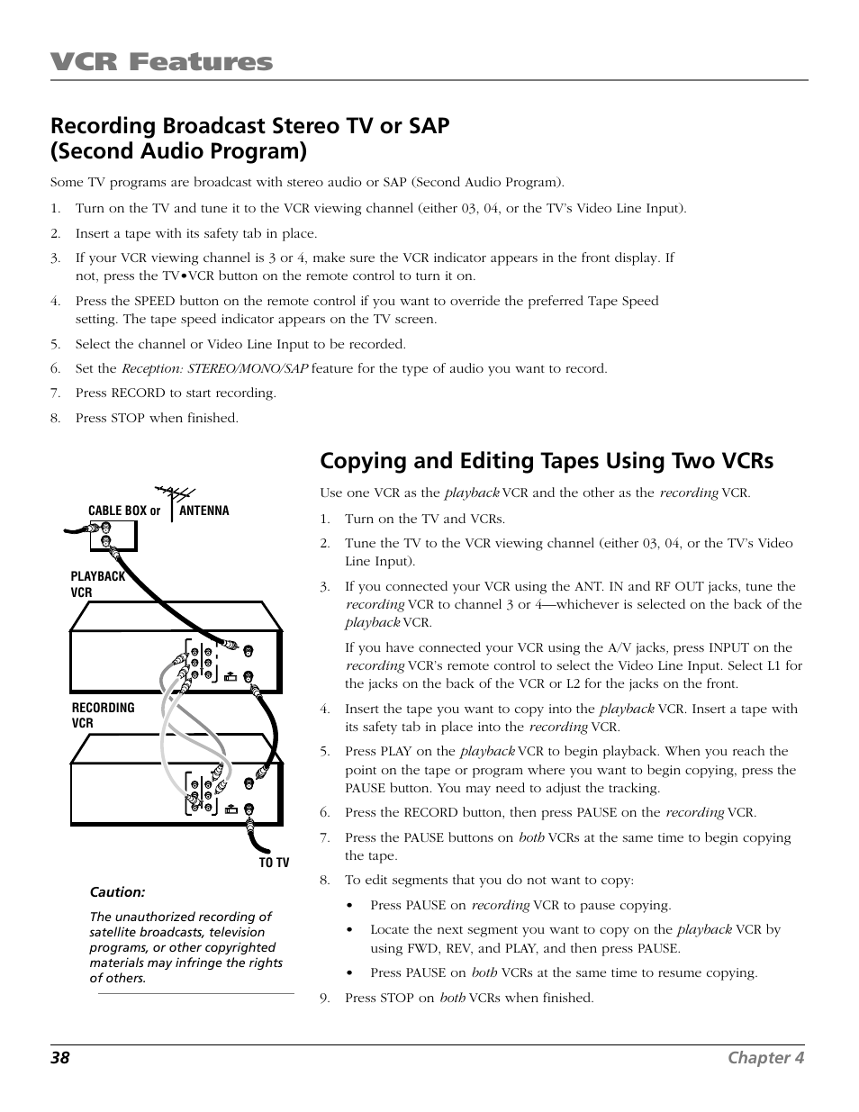 Copying and editing tapes using two vcrs, Copying tapes, Fwd button | L1 indicator, L2 indicator, Copying /editing tapes, Picture search options, Forward and reverse search slow motion, Vcr features, 38 chapter 4 | RCA VR706HF User Manual | Page 40 / 64