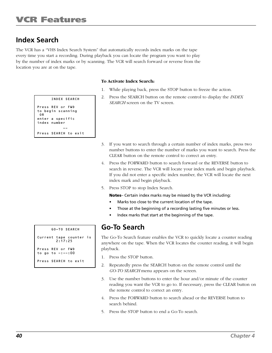 Index search, Go-to search, Commercial advance | Vcr features | RCA VR706HF User Manual | Page 42 / 64