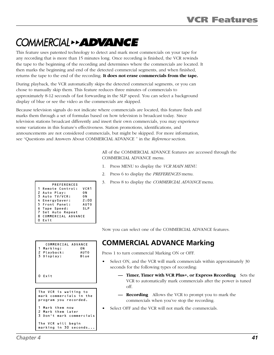 Commercial advance, Marking, Component buttons | Vcr features, Commercial advance marking, Chapter 4 41 | RCA VR706HF User Manual | Page 43 / 64