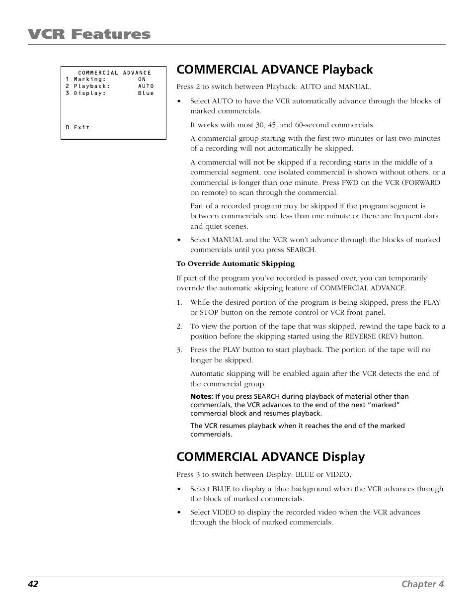 Display, Playback, Movie advance | Vcr features, Commercial advance playback, Commercial advance display | RCA VR706HF User Manual | Page 44 / 64