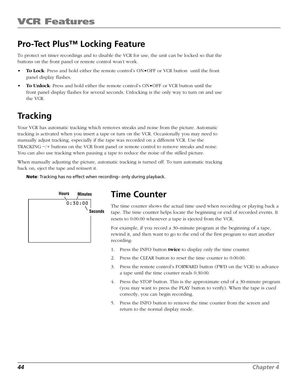 Pro-tect plus™ locking feature, Tracking, Time counter | Locking feature, On•off button, Pro-tect plus locking feature, On-screen displays audio set-up features, Reception, Vcr features | RCA VR706HF User Manual | Page 46 / 64