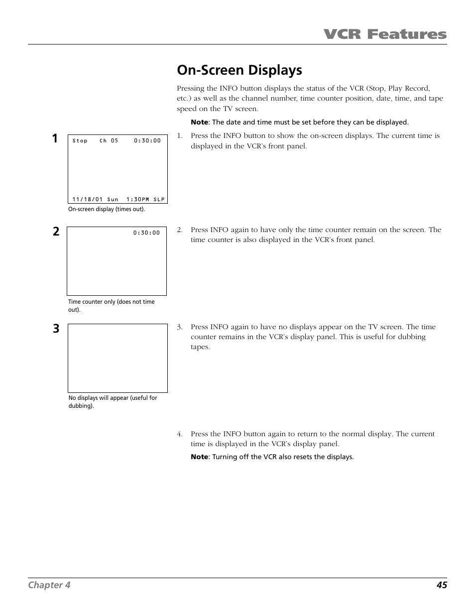 On-screen displays, Displays, on screen, Time counter display | Time display on tv, Tape playback, Vcr features | RCA VR706HF User Manual | Page 47 / 64