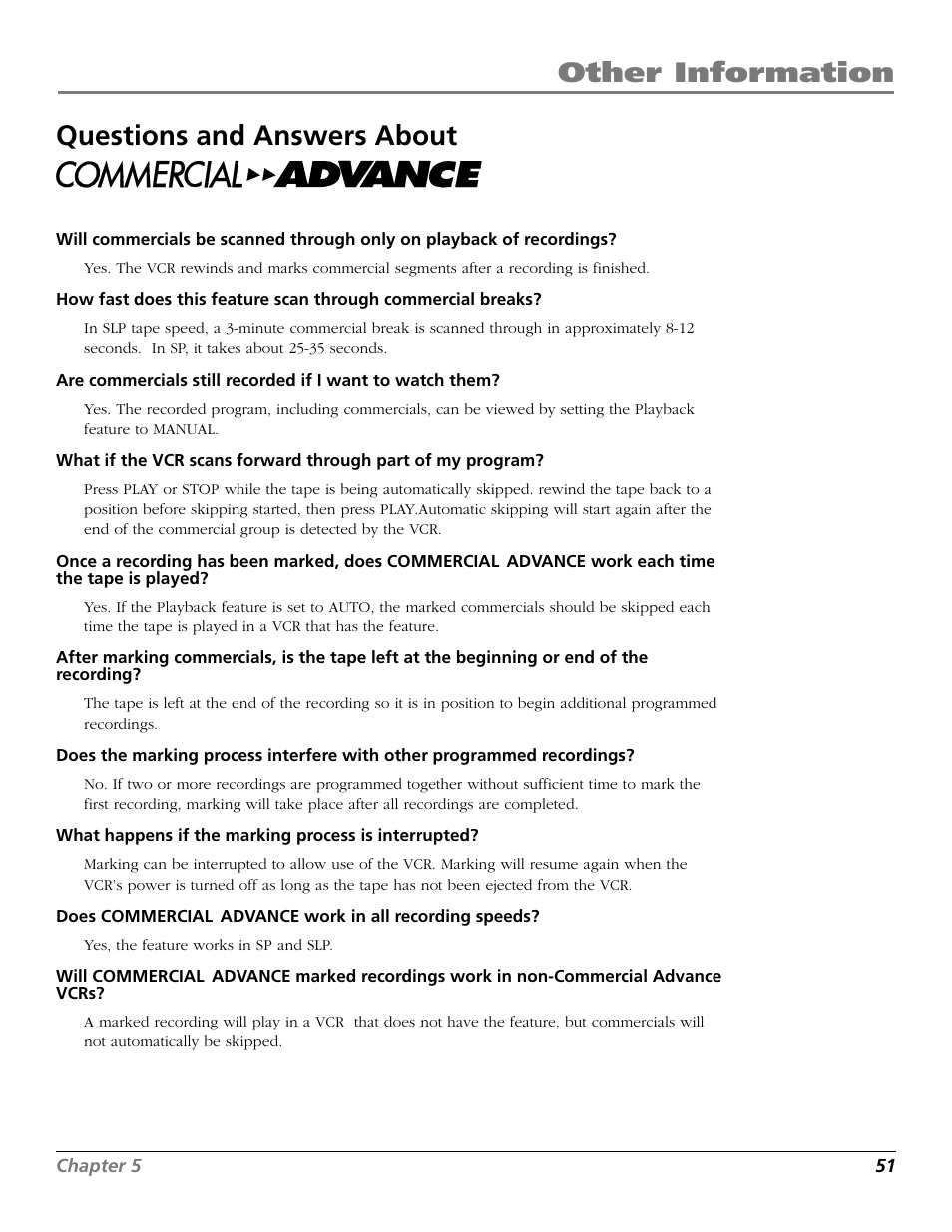 Questions and answers about commercial advance, Questions and answers, Other information questions and answers about | RCA VR706HF User Manual | Page 53 / 64