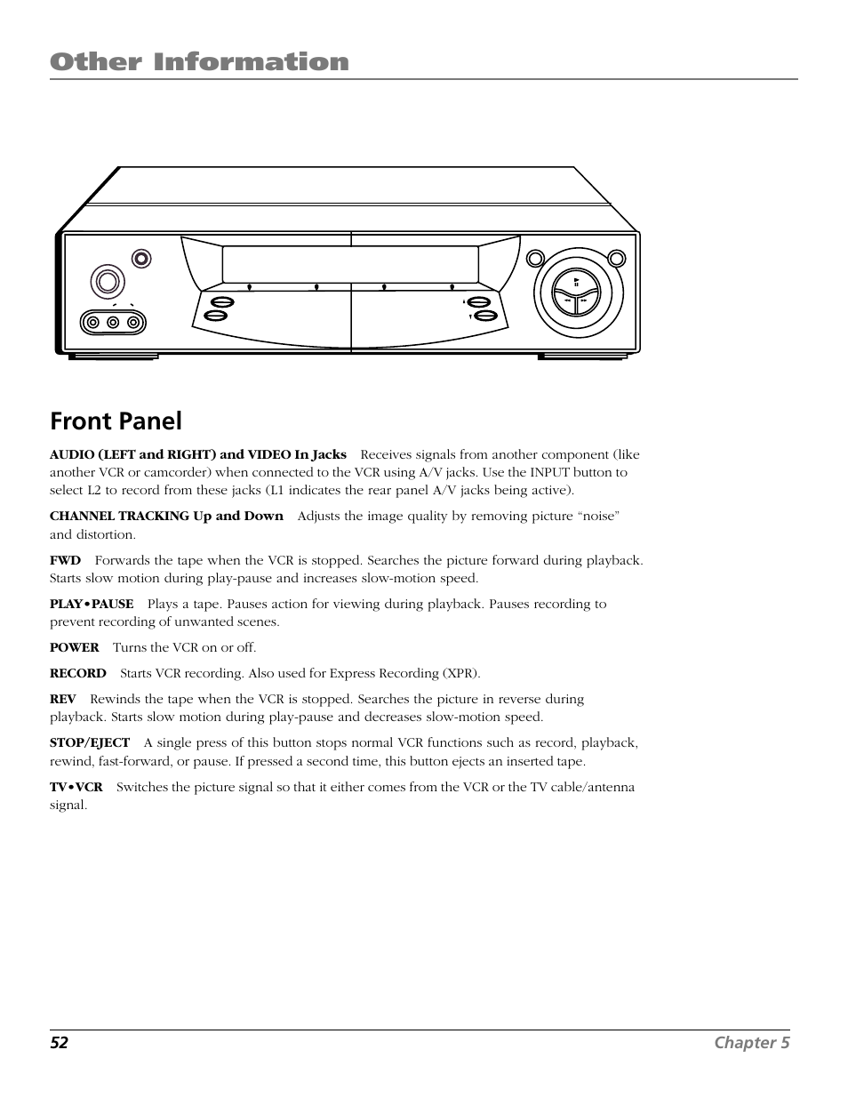 Front panel, Front panel controls, Other information | 52 chapter 5 | RCA VR706HF User Manual | Page 54 / 64