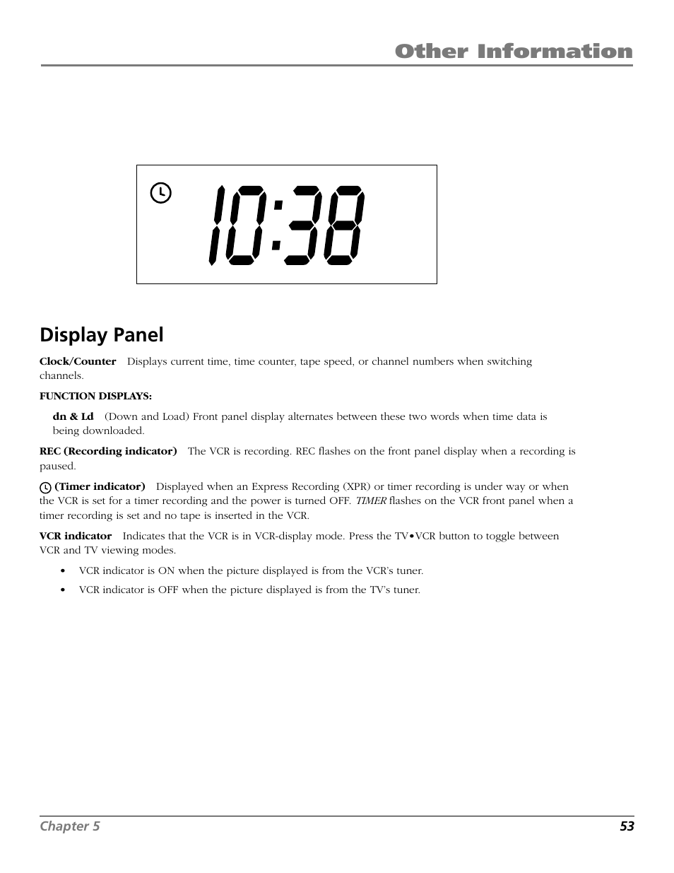 Display panel, Clock display, Indicators in display panel | Rec display, Other information display panel | RCA VR706HF User Manual | Page 55 / 64