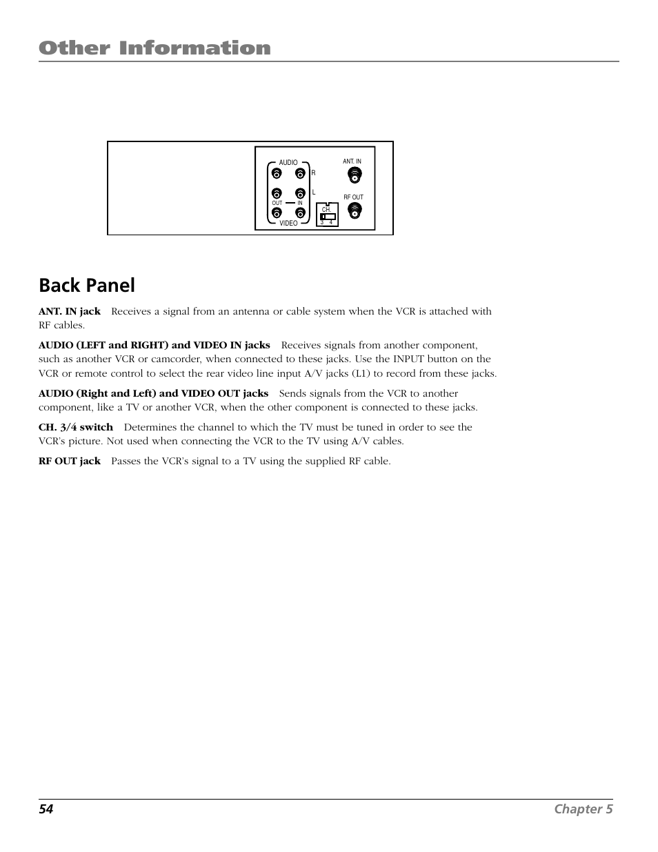 Back panel, Back panel jacks, Rf out jack | Other information, 54 chapter 5 | RCA VR706HF User Manual | Page 56 / 64