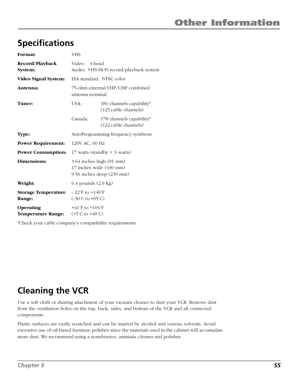 Specifications, Cleaning the vcr, Design specifications | Specifications cleaning the vcr, Other information specifications | RCA VR706HF User Manual | Page 57 / 64