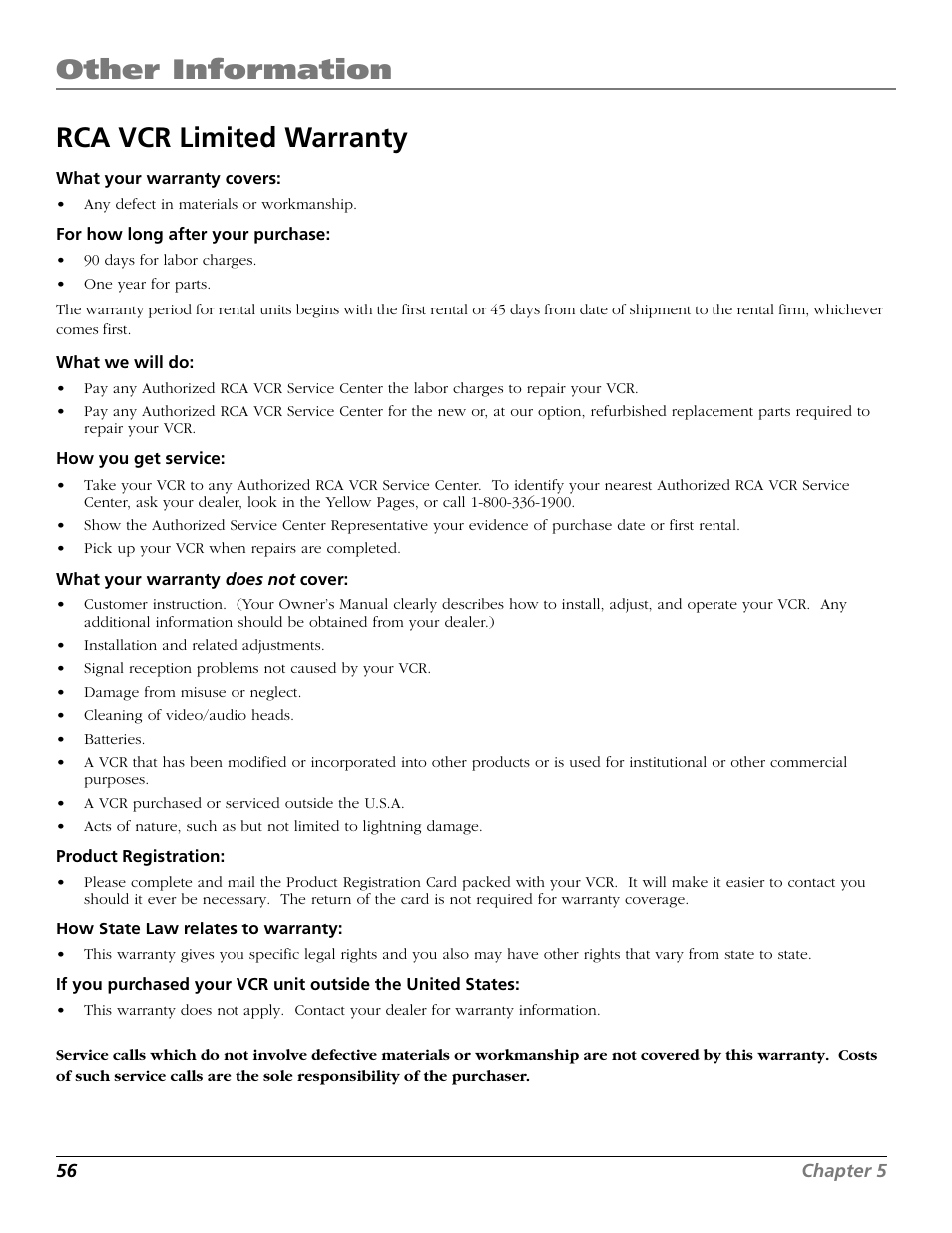 Rca vcr limited warranty, Other information | RCA VR706HF User Manual | Page 58 / 64