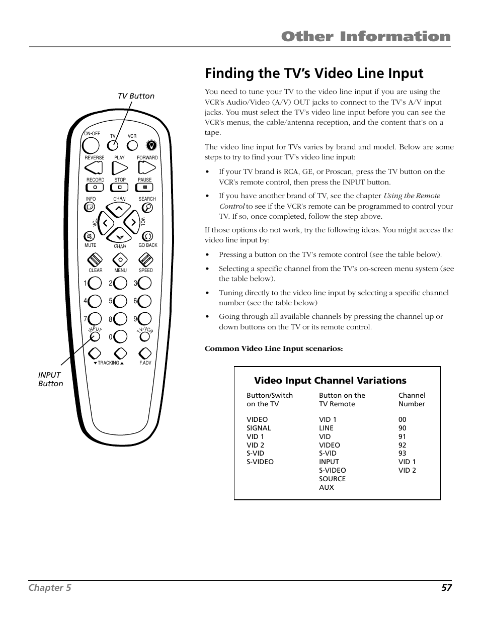 Finding the tv’s video line input, Video input channel, Chapter 5 57 | Video input channel variations | RCA VR706HF User Manual | Page 59 / 64