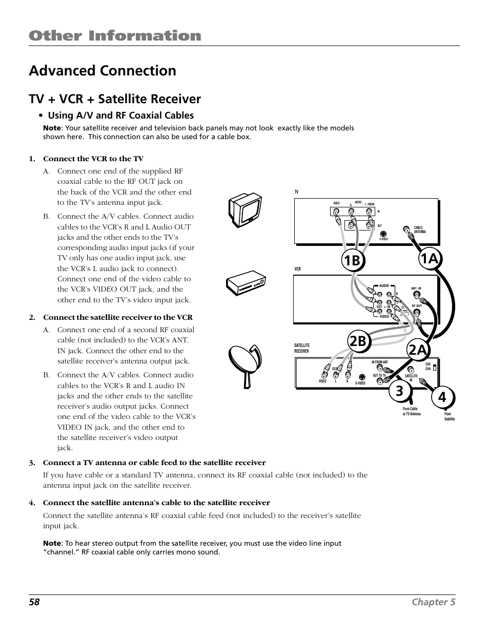 Advanced connection, Tv + vcr + satellite receiver, Audio in jacks | Other information, 1a 4 3, 1b 2a 2b, 58 chapter 5, Using a/v and rf coaxial cables, Vcr tv satellite | RCA VR706HF User Manual | Page 60 / 64