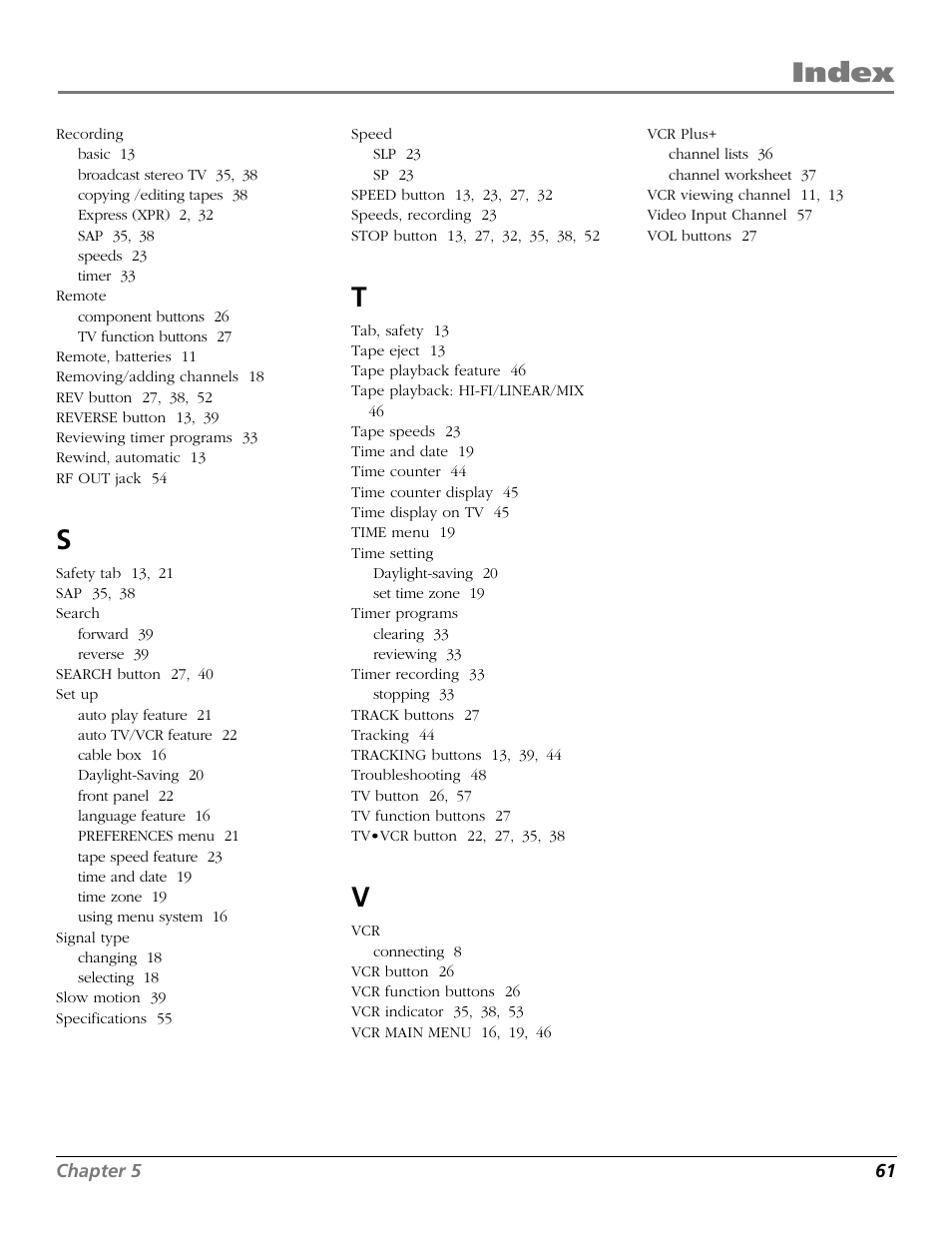 Recording, Remote, Search | Set up, Signal type, Speed, Time setting, Timer programs, Vcr plus, Index | RCA VR706HF User Manual | Page 63 / 64