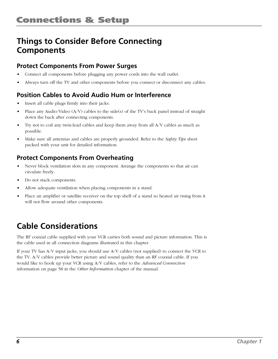 Things to consider before connecting components, Cable considerations, Positioning | Overheating, Power surges, Protect components from power surges, Position cables to avoid audio hum or interference, Protect components from overheating | RCA VR706HF User Manual | Page 8 / 64