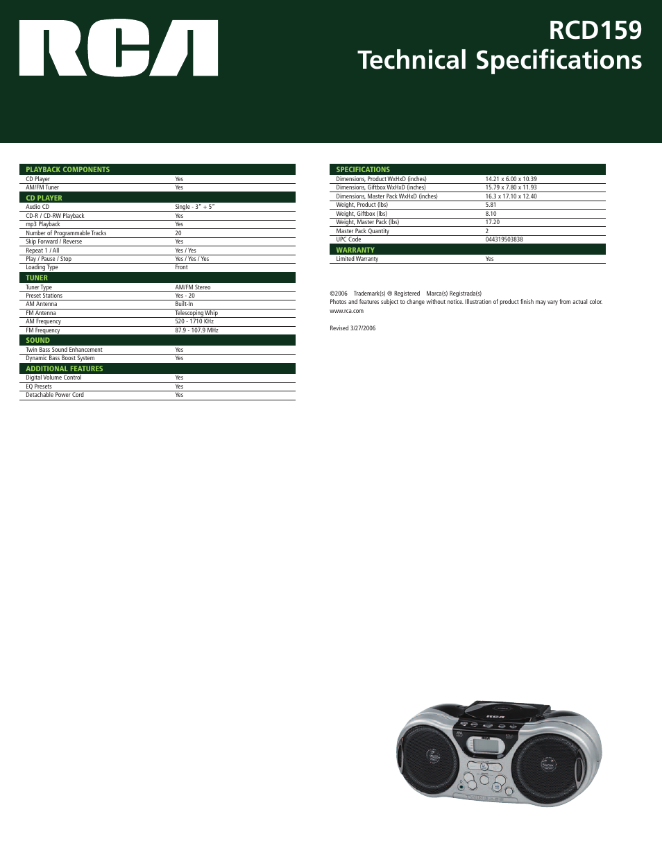 Rcd159 technical specifications | RCA PORTABLE CD RCD159 User Manual | Page 2 / 2