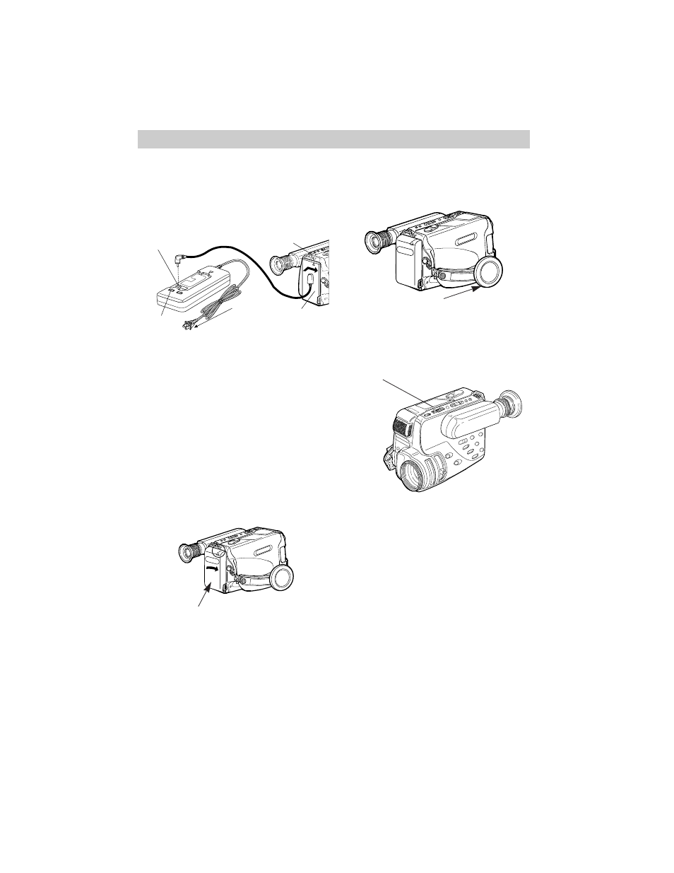 First-time operation, Attach a power supply to the camcorder, Turn on the camcorder | Continued), Battery pause stop lay f.fwd, Battery pause stop rew play f.fwd power review, Charged battery attached to camcorder, Lens cap on holder power ( camera/off/vcr ) switch | RCA Pro870 FR User Manual | Page 18 / 81