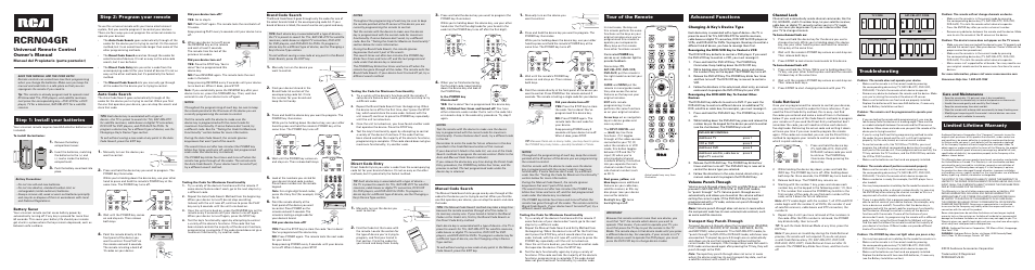 Rcrn04gr, Universal remote control owner’s manual, Battery saver | Manual del propietario (parte posterior), Care and maintenance, Auto code search, Brand code search, Direct code entry, Manual code search, Changing a key’s device type | RCA RCRN04GR User Manual | Page 2 / 2