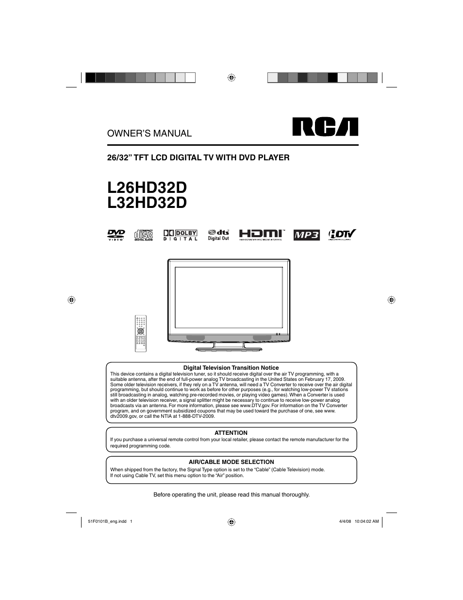 RCA L32HD32D User Manual | 44 pages