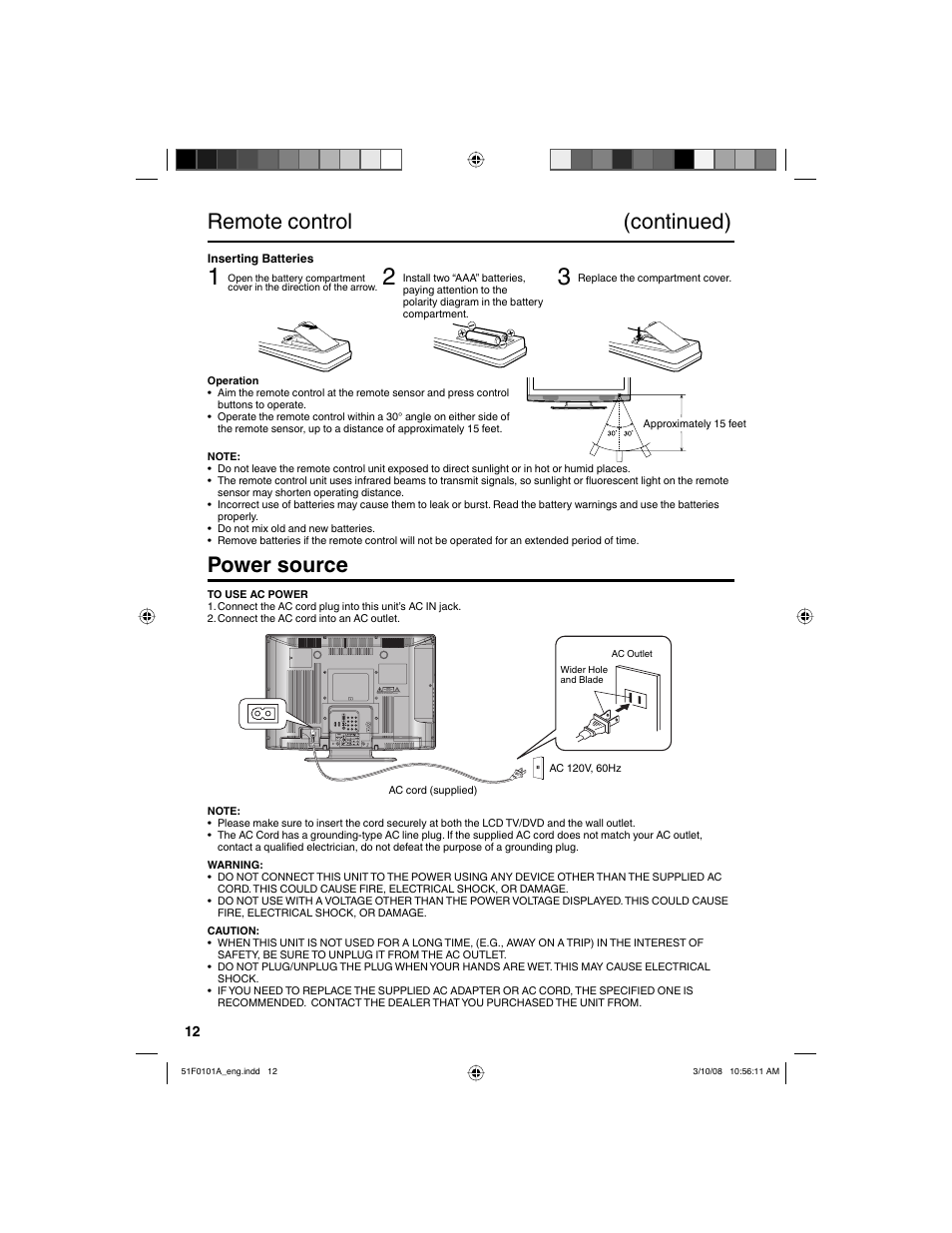 Remote control (continued), Power source | RCA L32HD32D User Manual | Page 12 / 44