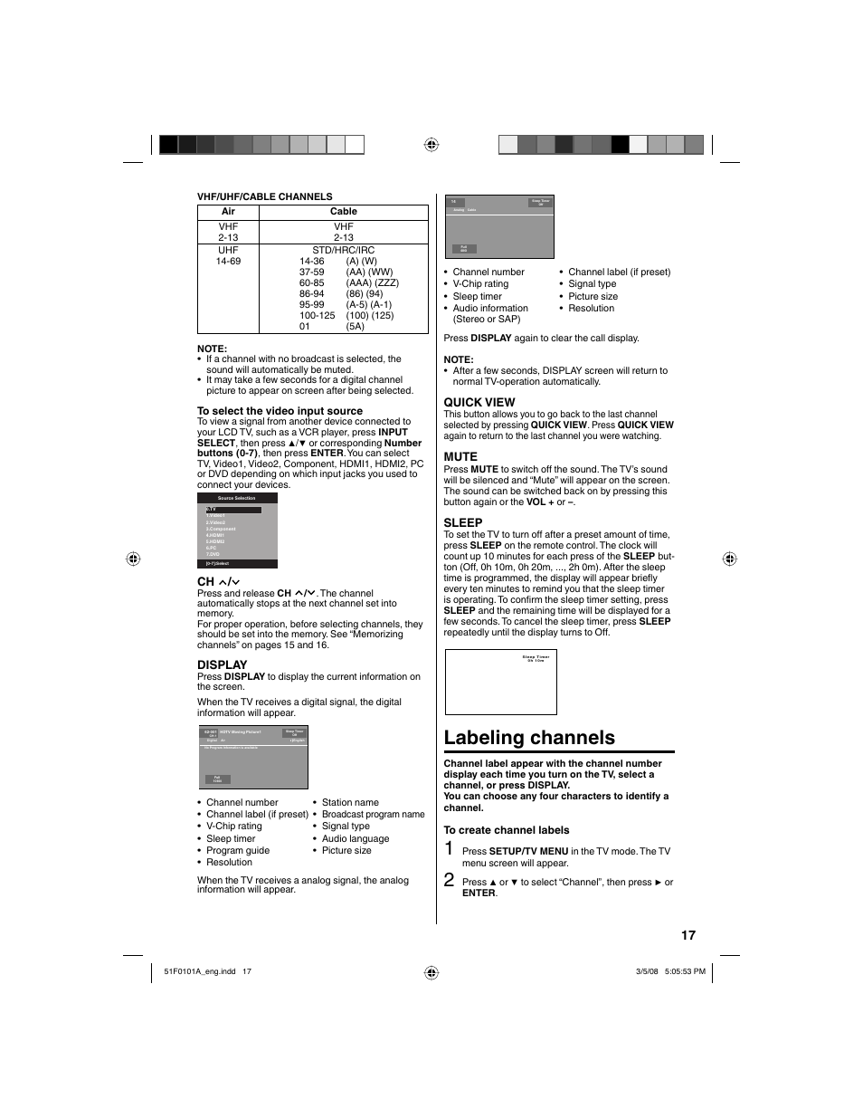 Labeling channels, Display, Quick view | Mute, Sleep | RCA L32HD32D User Manual | Page 17 / 44