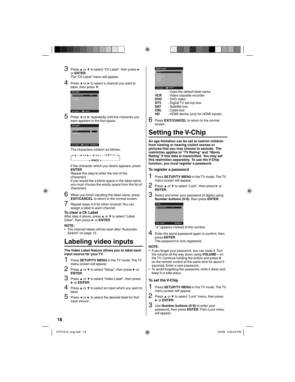 Labeling video inputs, Setting the v-chip | RCA L32HD32D User Manual | Page 18 / 44