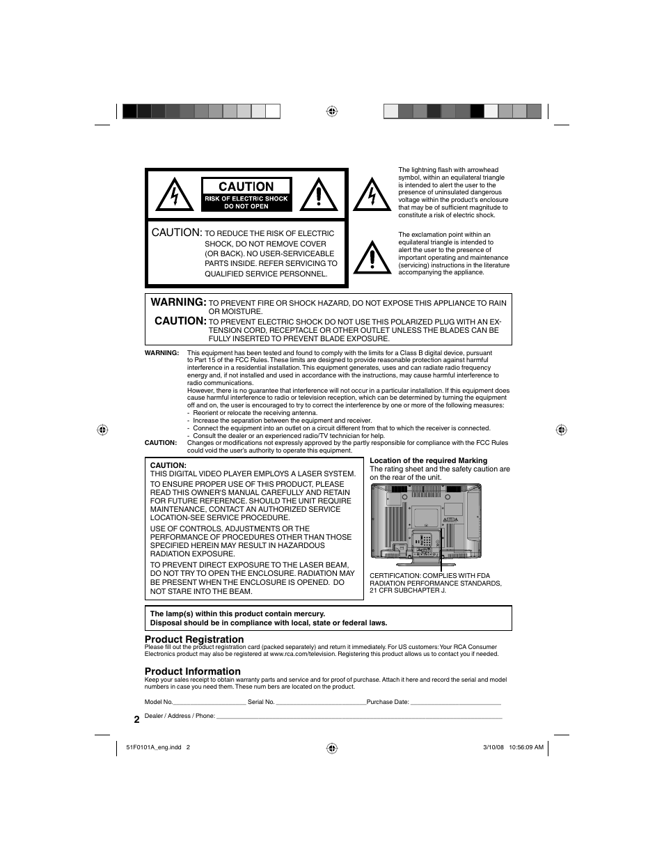 Caution, Warning | RCA L32HD32D User Manual | Page 2 / 44