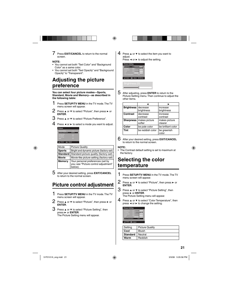 Adjusting the picture preference, Picture control adjustment 1, Selecting the color temperature 1 | RCA L32HD32D User Manual | Page 21 / 44