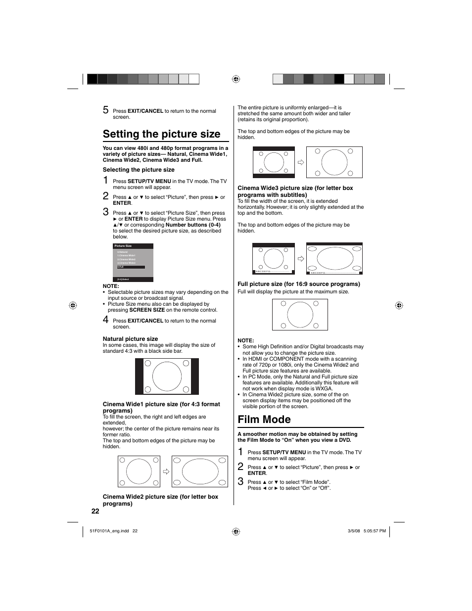 Setting the picture size, Film mode | RCA L32HD32D User Manual | Page 22 / 44