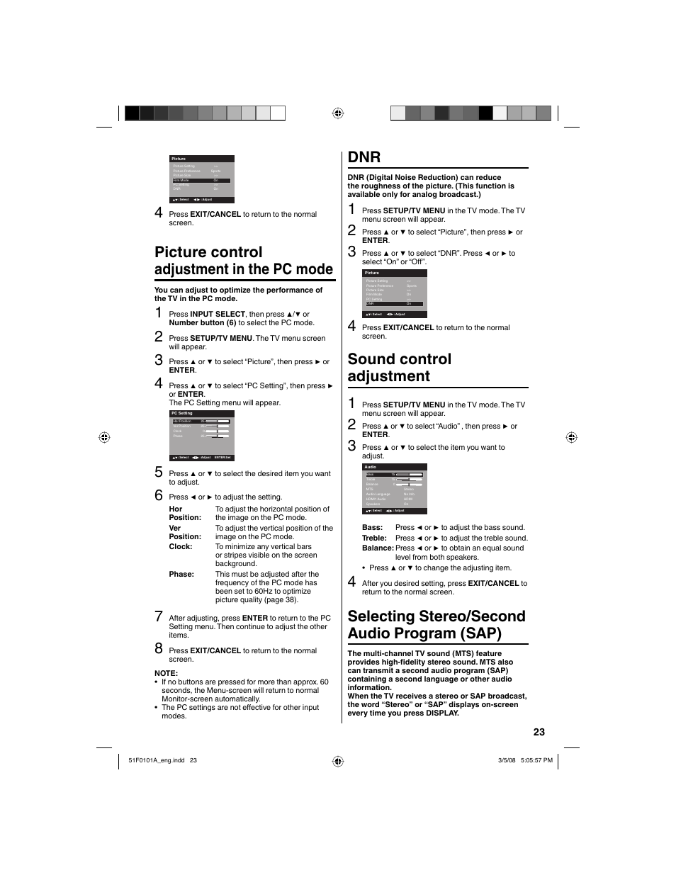 Picture control adjustment in the pc mode, Sound control adjustment 1, Selecting stereo/second audio program (sap) | RCA L32HD32D User Manual | Page 23 / 44