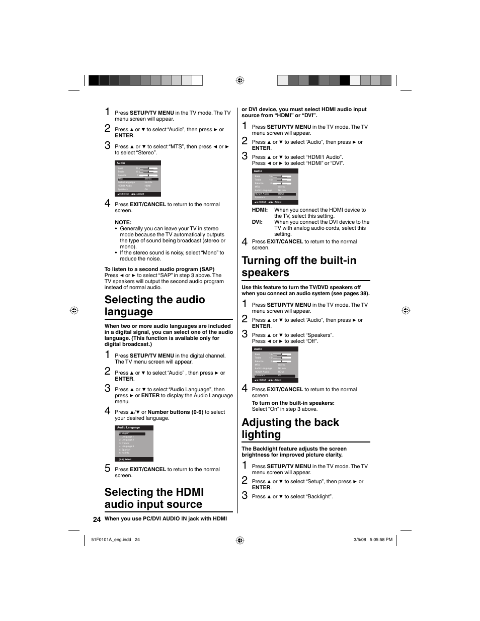 Selecting the audio language, Selecting the hdmi audio input source, Turning off the built-in speakers | Adjusting the back lighting | RCA L32HD32D User Manual | Page 24 / 44