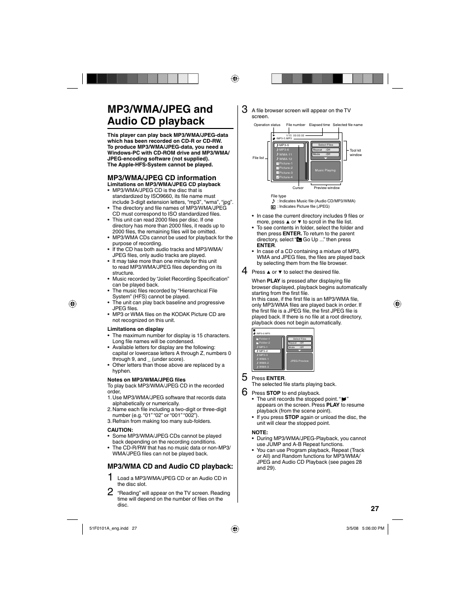 Mp3/wma/jpeg and audio cd playback, Mp3/wma/jpeg cd information, Mp3/wma cd and audio cd playback | RCA L32HD32D User Manual | Page 27 / 44