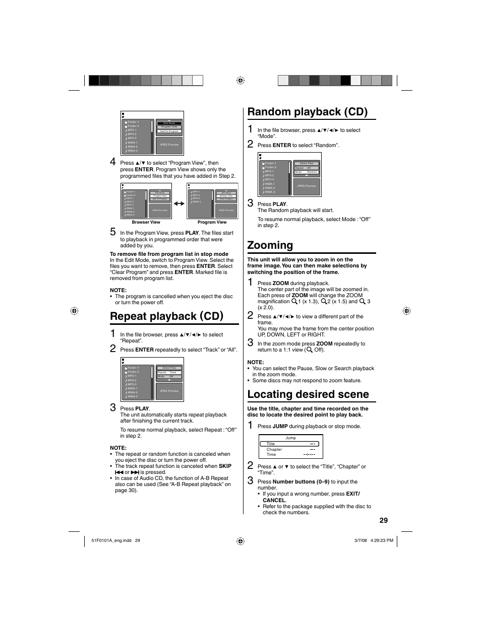 Repeat playback (cd) 1, Random playback (cd) 1, Zooming | Locating desired scene | RCA L32HD32D User Manual | Page 29 / 44