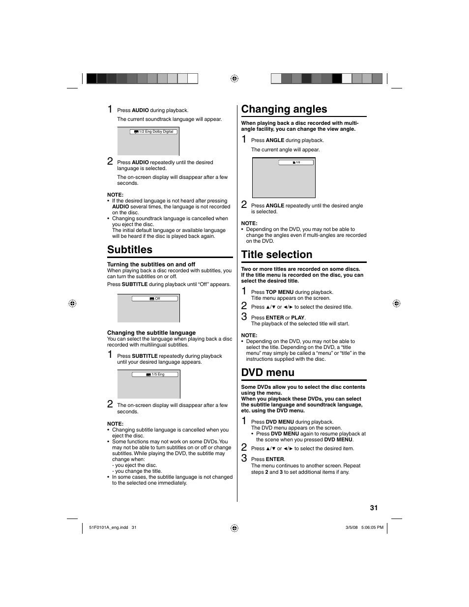 Subtitles, Changing angles, Title selection | Dvd menu | RCA L32HD32D User Manual | Page 31 / 44