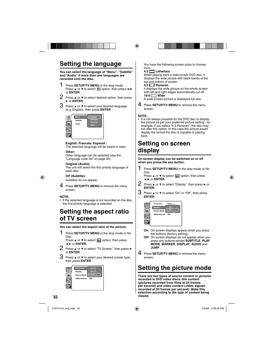 Setting the language, Setting the aspect ratio of tv screen, Setting on screen display | Setting the picture mode | RCA L32HD32D User Manual | Page 32 / 44