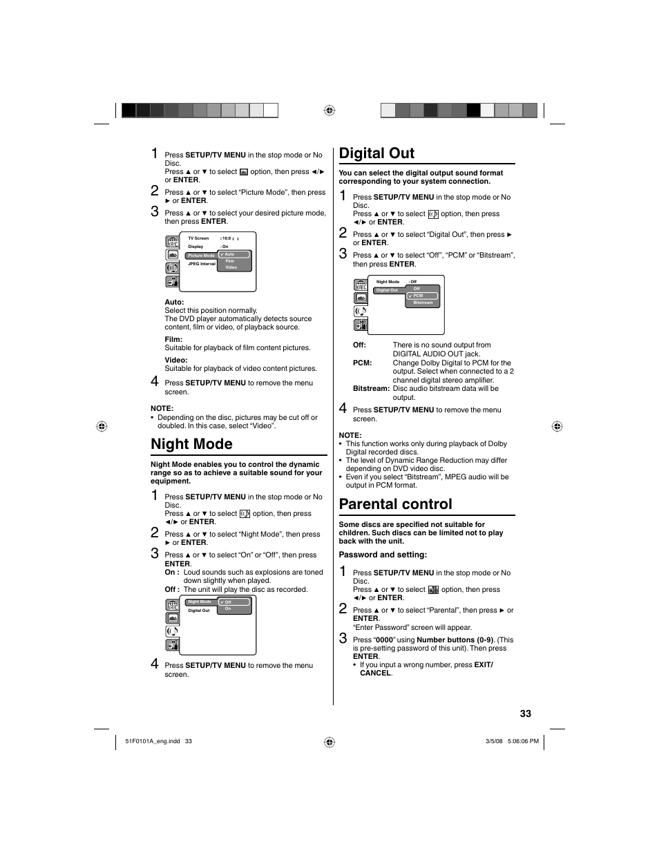 Night mode, Digital out, Parental control | RCA L32HD32D User Manual | Page 33 / 44