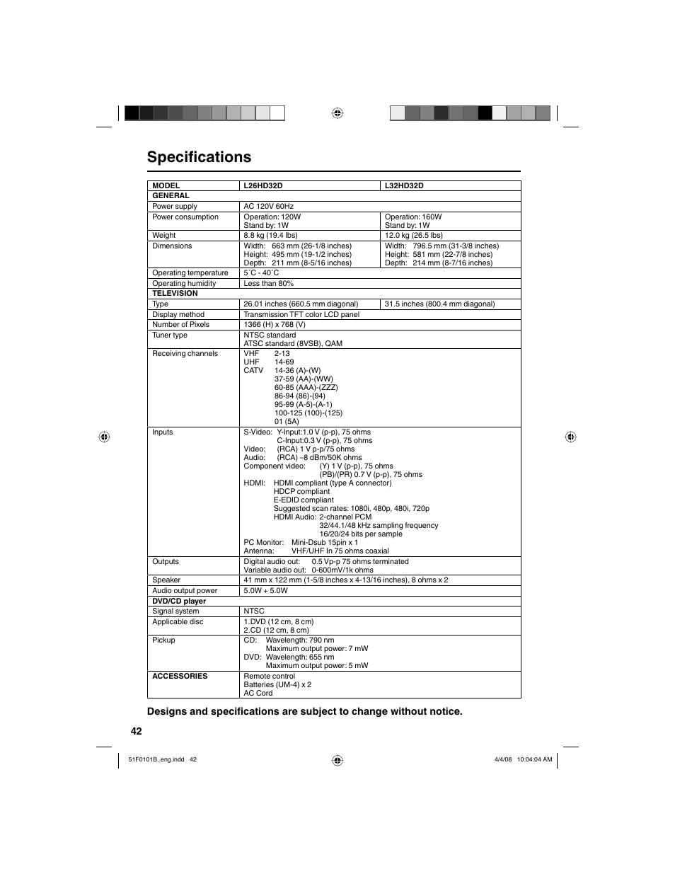 Specifications | RCA L32HD32D User Manual | Page 42 / 44