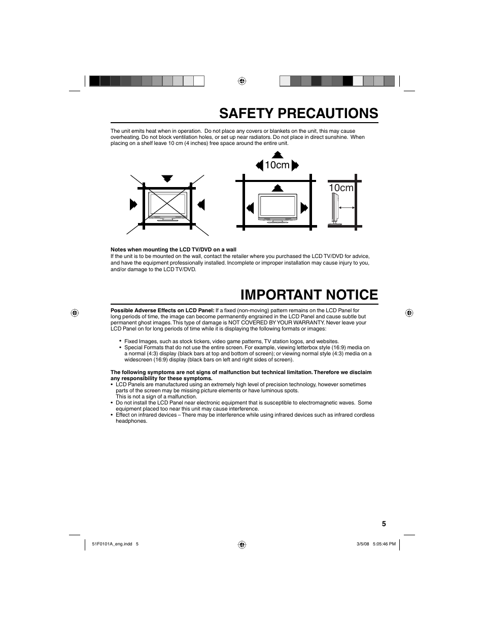 Important notice, Safety precautions, 10cm | RCA L32HD32D User Manual | Page 5 / 44