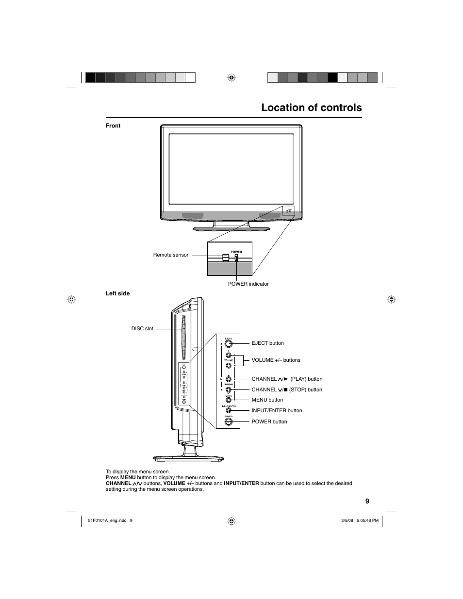 Location of controls | RCA L32HD32D User Manual | Page 9 / 44