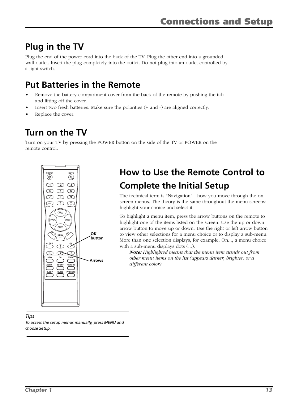 Plug in the tv, Put batteries in the remote, Turn on the tv | Connections and setup, Chapter 1 13, Tips | RCA L26WD21 User Manual | Page 13 / 36