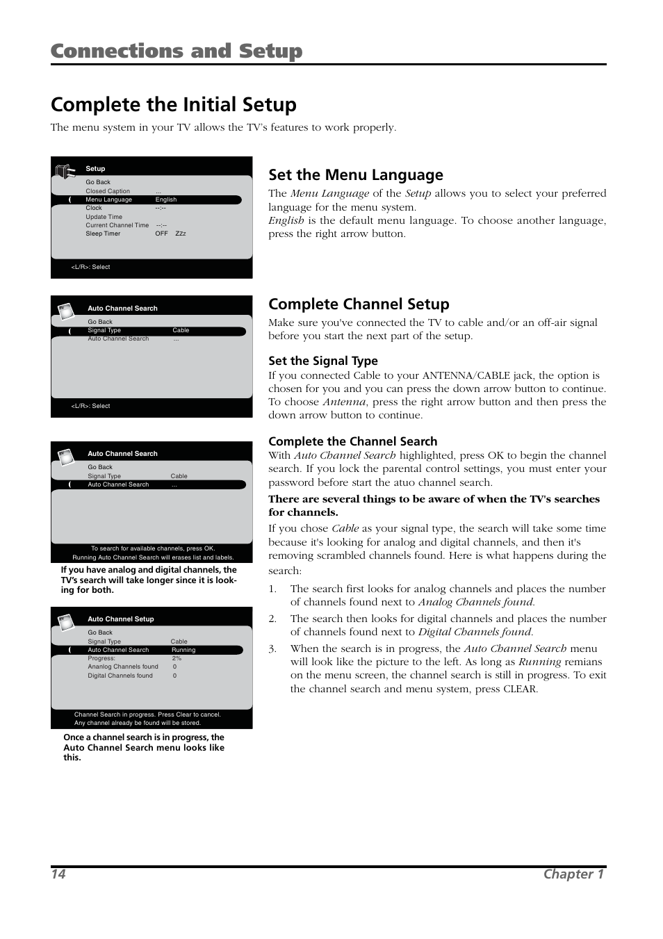 Complete the initial setup, Connections and setup, Set the menu language | Complete channel setup, 14 chapter 1, Set the signal type, Complete the channel search | RCA L26WD21 User Manual | Page 14 / 36