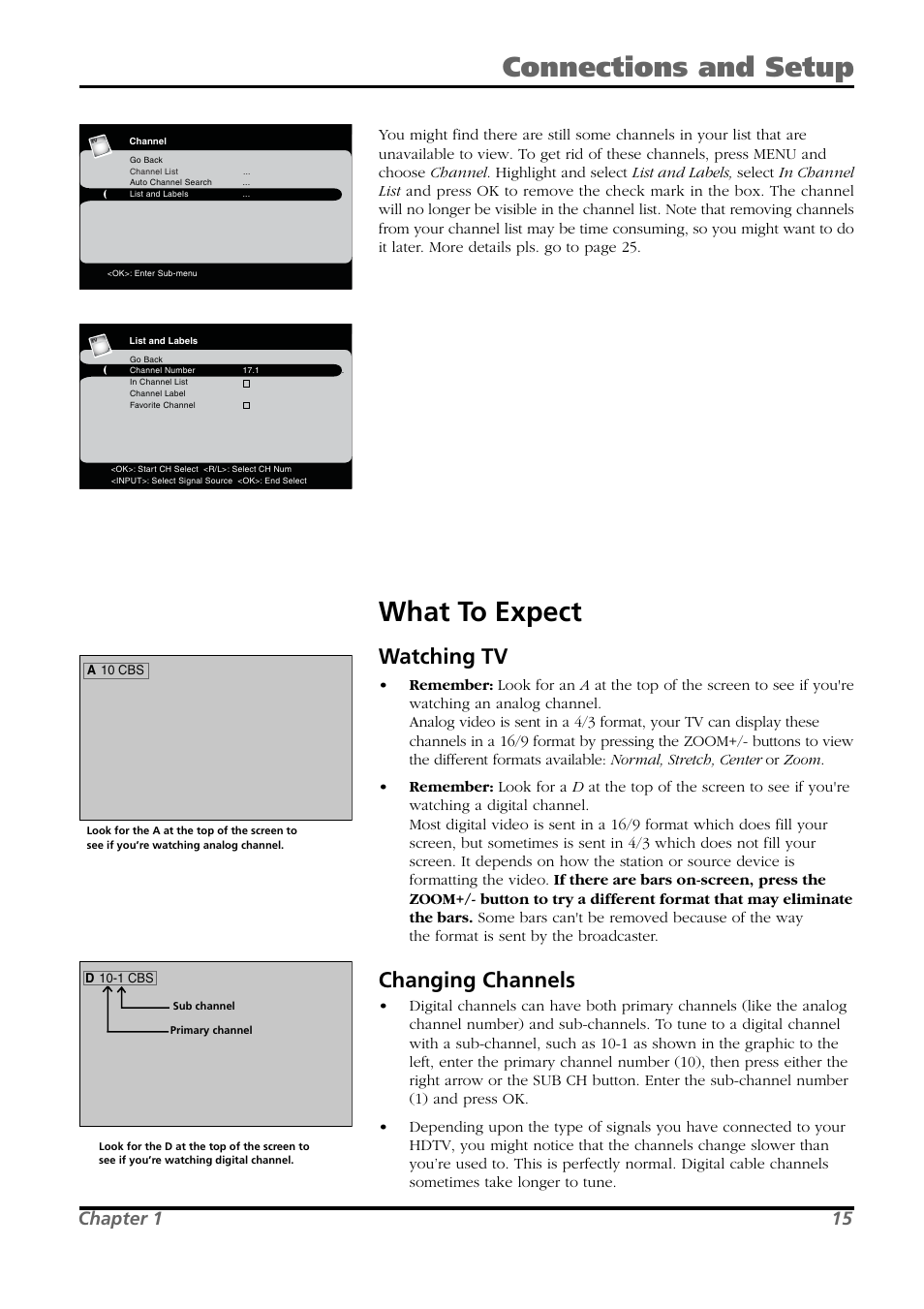 What to expect, Connections and setup, Watching tv | Changing channels, Chapter 1 15 | RCA L26WD21 User Manual | Page 15 / 36