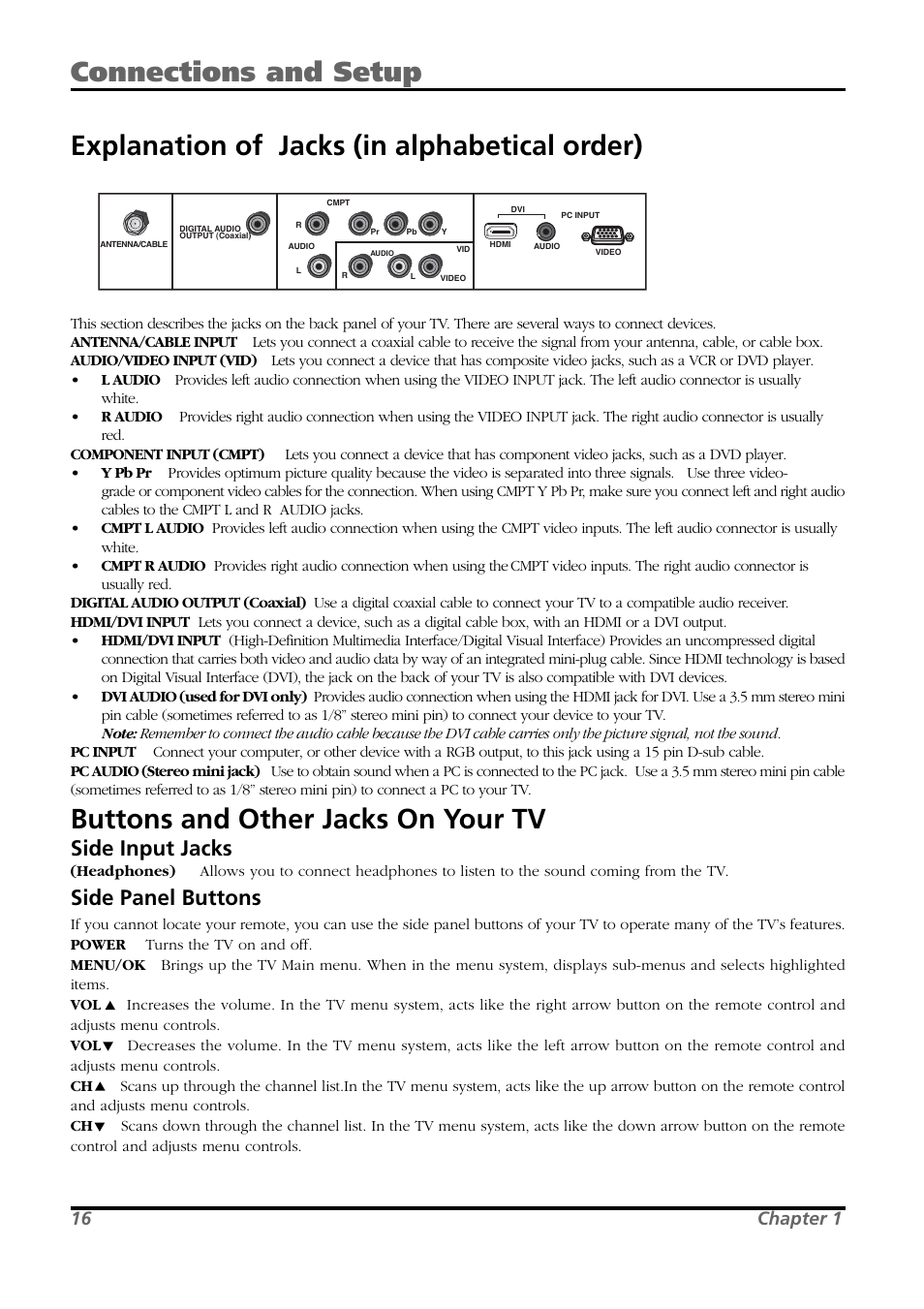 Buttons and other jacks on your tv, Side input jacks, Side panel buttons | 16 chapter 1 | RCA L26WD21 User Manual | Page 16 / 36