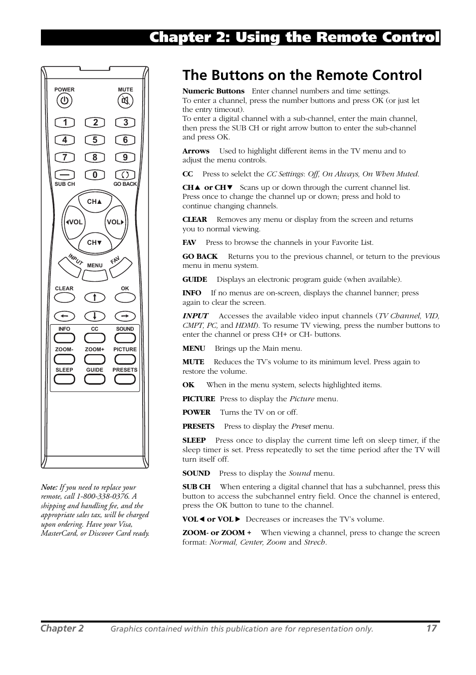 The buttons on the remote control, Chapter 2: using the remote control, Chapter 2 | RCA L26WD21 User Manual | Page 17 / 36