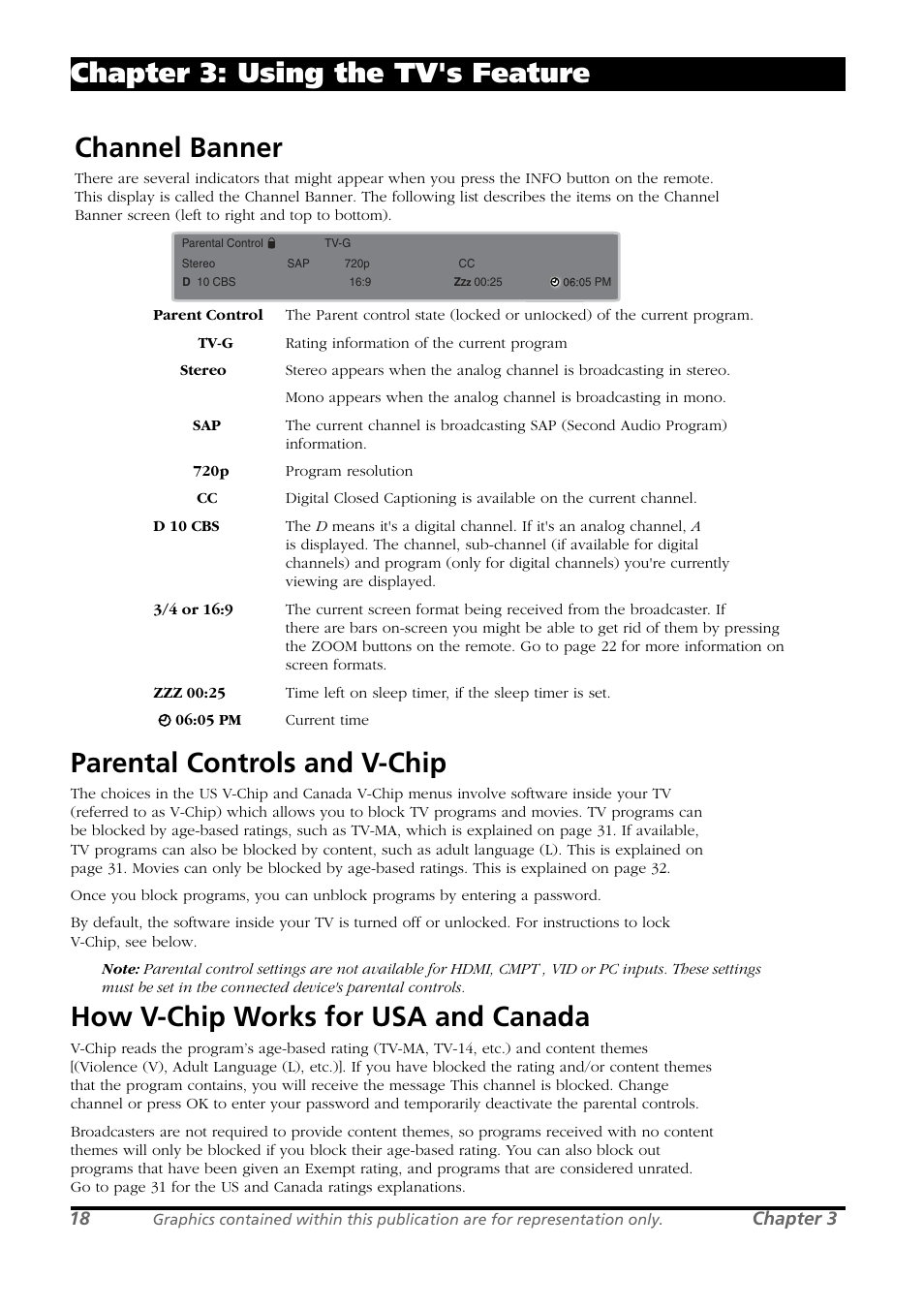 Channel banner, Chapter 3: using the tv's feature, Parental controls and v-chip | How v-chip works for usa and canada, Chapter 3 | RCA L26WD21 User Manual | Page 18 / 36