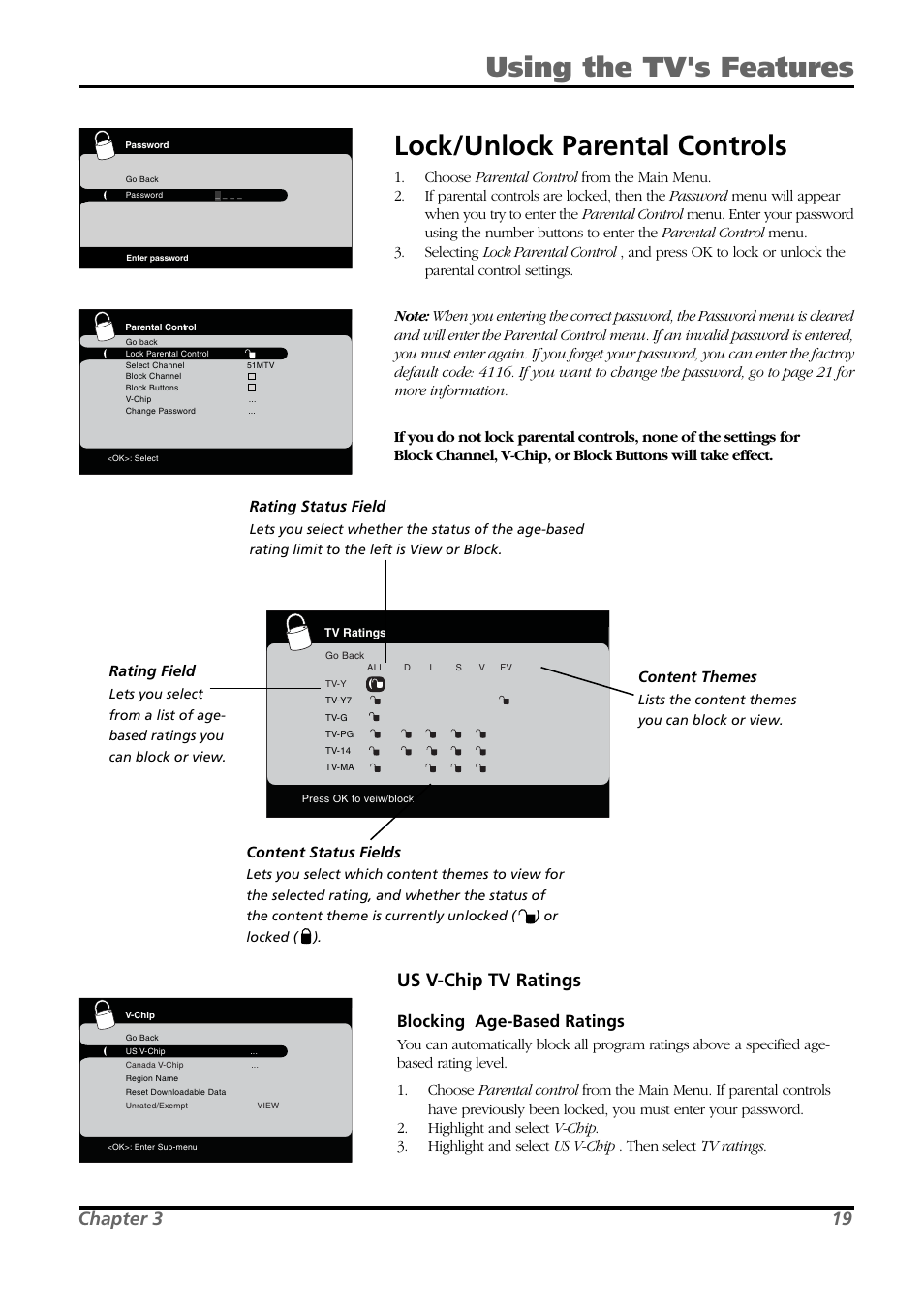 Us v-chip tv ratings, Chapter 3 19, Blocking age-based ratings | Content status fields, Rating status field, Rating field, Content themes | RCA L26WD21 User Manual | Page 19 / 36