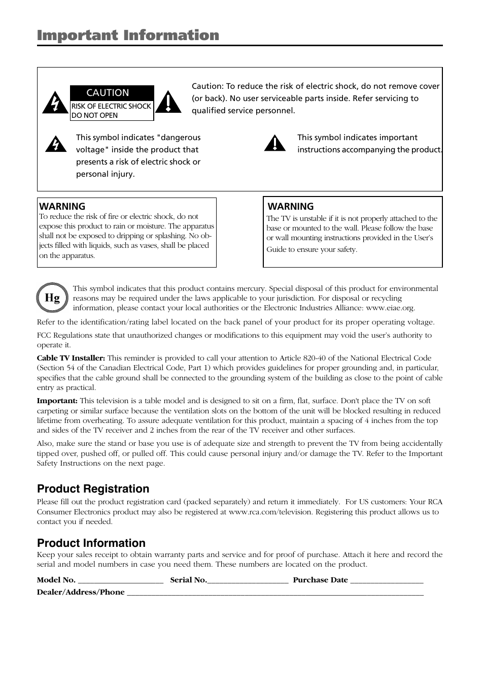 Important information, Product registration, Product information | RCA L26WD21 User Manual | Page 2 / 36