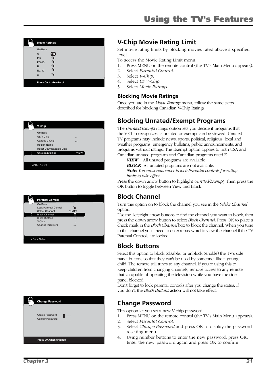 Using the tv's features, V-chip movie rating limit, Blocking unrated/exempt programs | Block channel, Block buttons, Change password, Blocking movie ratings, Chapter 3 21 | RCA L26WD21 User Manual | Page 21 / 36