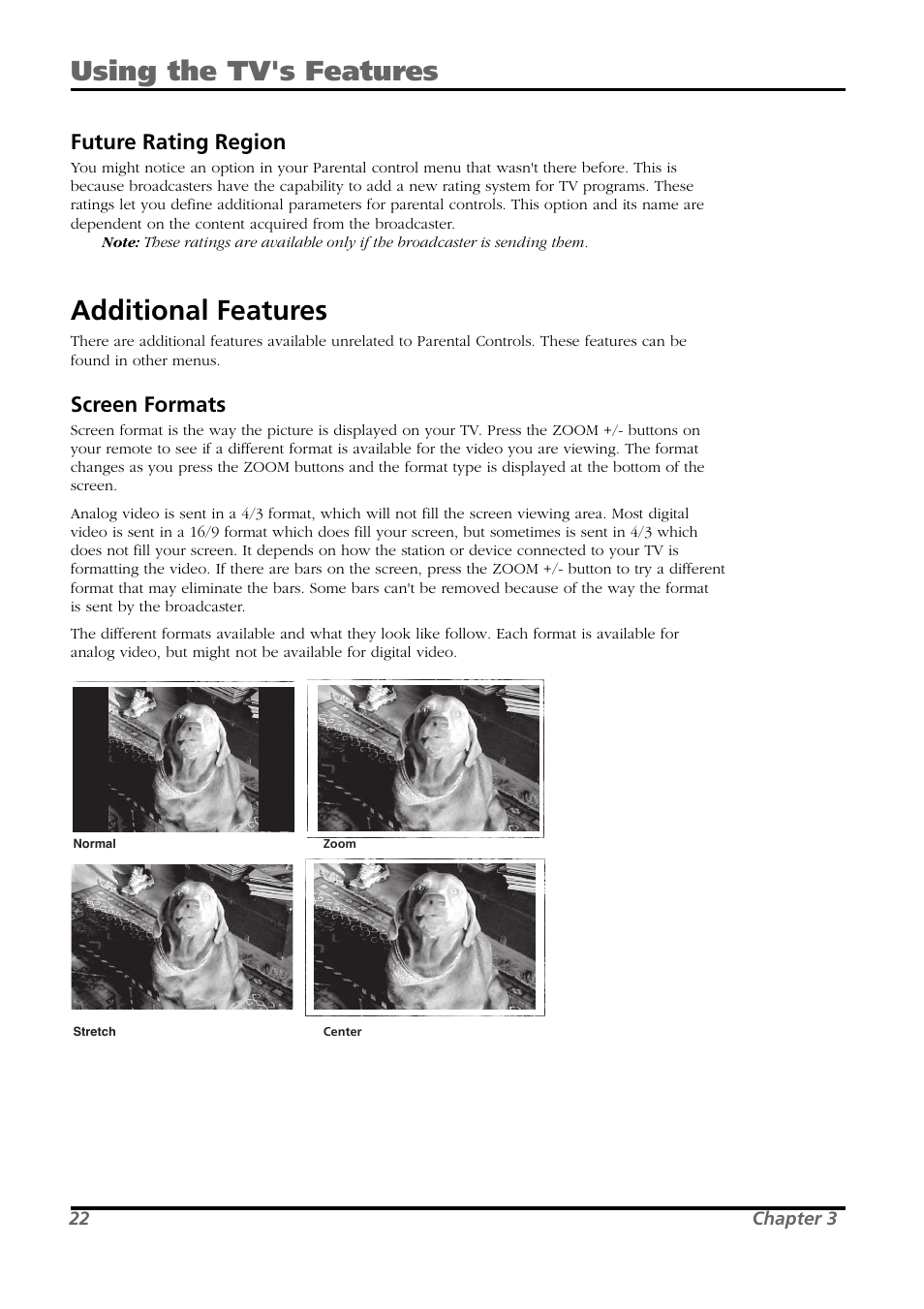 Additional features, Using the tv's features, Future rating region | Screen formats | RCA L26WD21 User Manual | Page 22 / 36