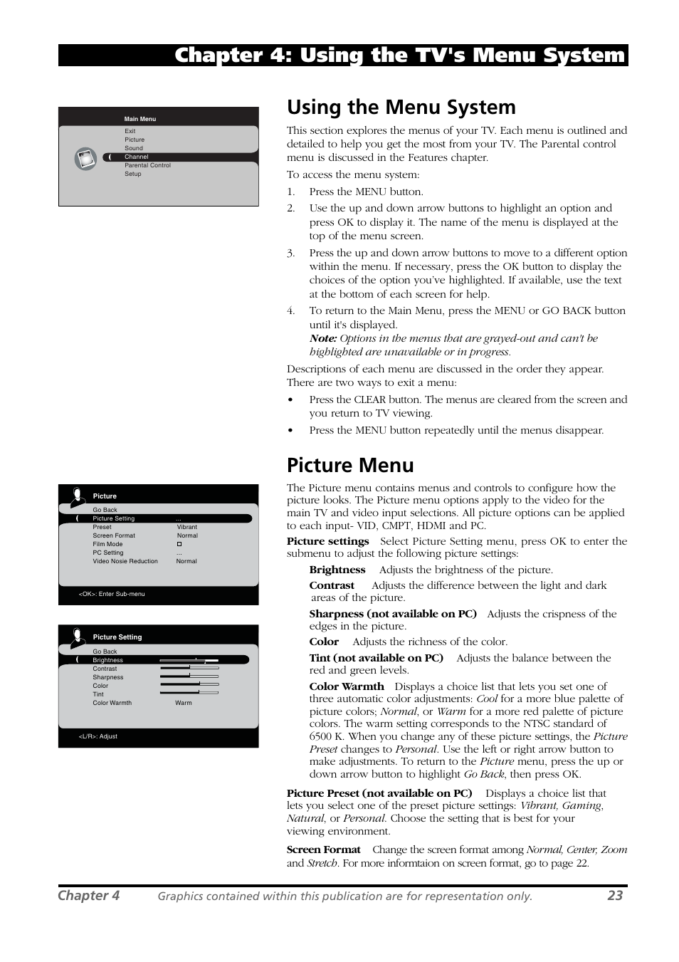 Using the menu system, Picture menu, Chapter 4: using the tv's menu system | Chapter 4 | RCA L26WD21 User Manual | Page 23 / 36